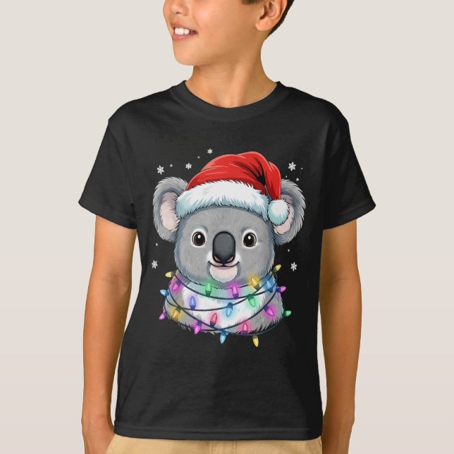 Camiseta Christmas Lights Koala Santa Hat Cute Xmas Pajamas (Frente)