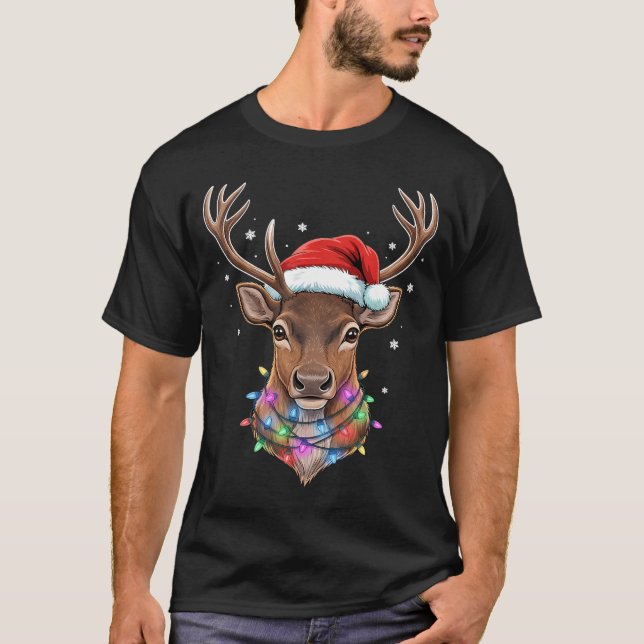 Camiseta Christmas Lights Reindeer Santa Hat Cute Xmas Paja (Frente)