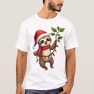 Camiseta Christmas Lights Sloth Wearing Xmas Hat - Sloth Lo