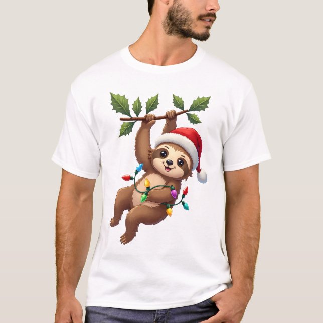 Camiseta Christmas Lights Sloth Wearing Xmas Hat - Sloth Lo (Frente)