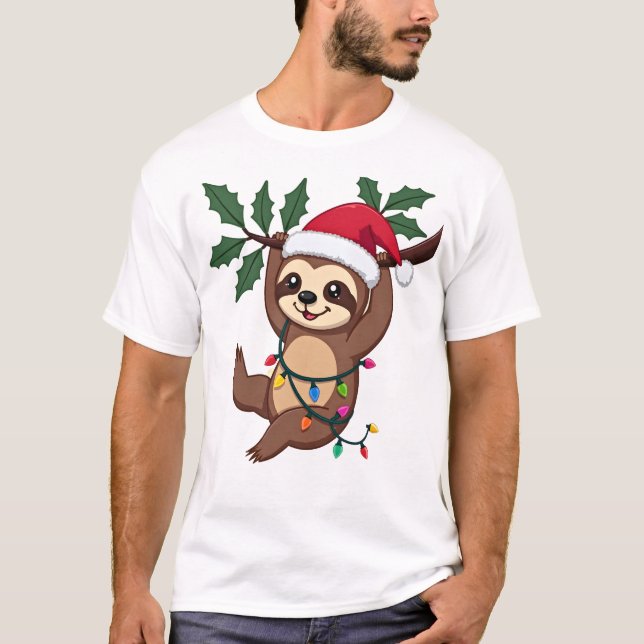 Camiseta Christmas Lights Sloth Wearing Xmas Hat - Sloth Lo (Frente)
