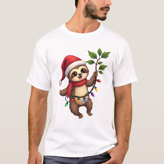 Camiseta Christmas Lights Sloth Wearing Xmas Hat - Sloth Lo (Frente)