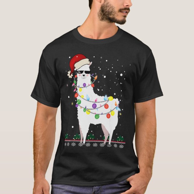 Camiseta Christmas Llama Santa Hat Ugly Xmas Tree Alpaca Gi (Frente)
