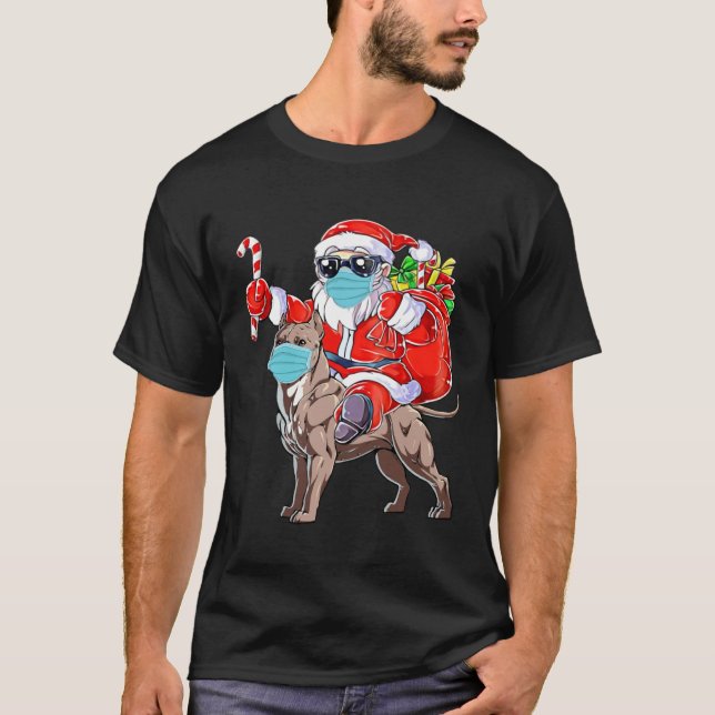 Camiseta Christmas Mask Santa Riding Pitbull Xmas Boys Dog (Frente)