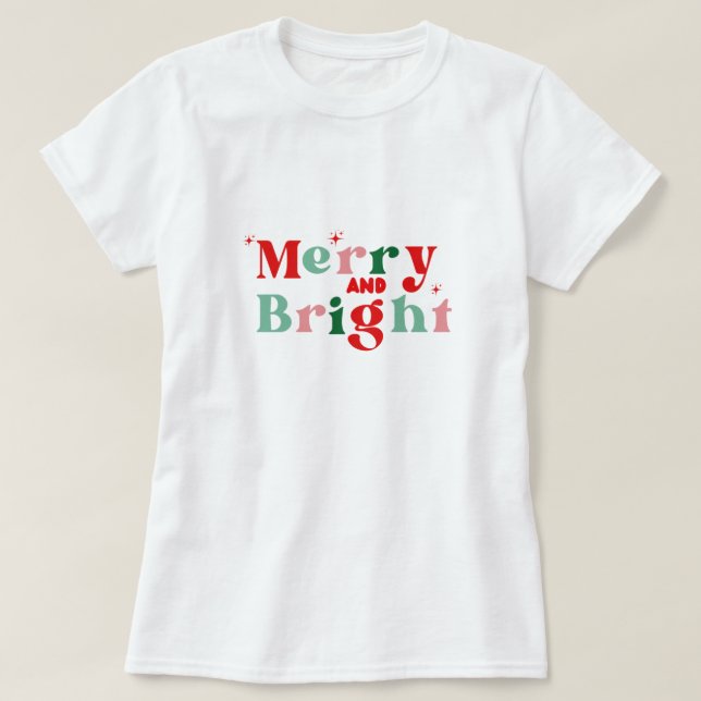 Camiseta christmas merry and bright pink red modern T-shirt (Frente do Design)