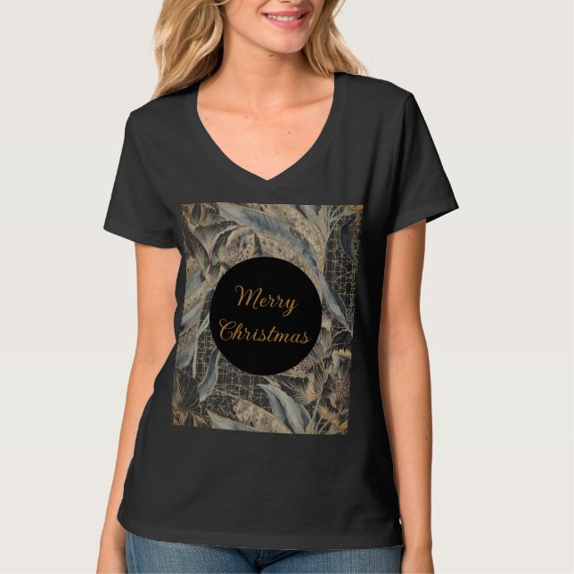 Camiseta Christmas,Merry Christmas,Gold Blue Flowers Leaver (Frente)