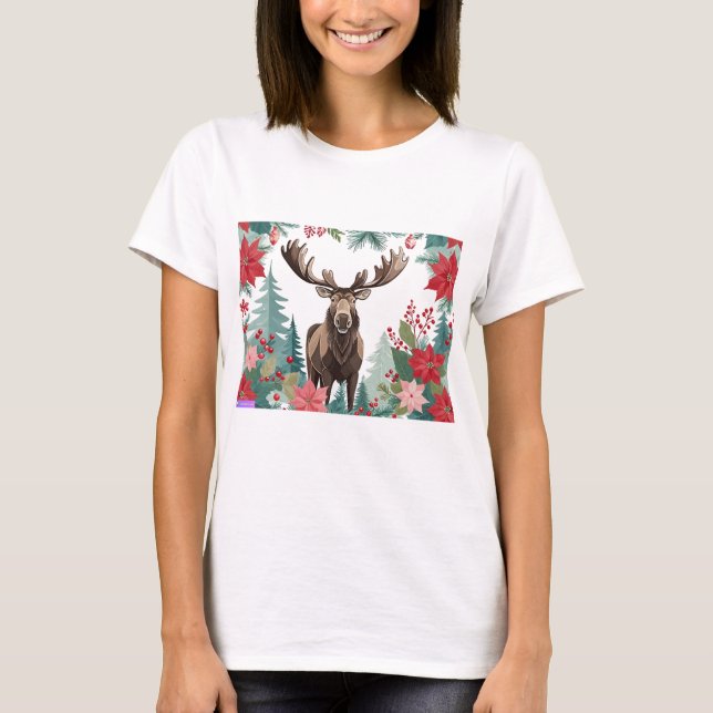 Camiseta Christmas Moose And Poinsettias (Frente)