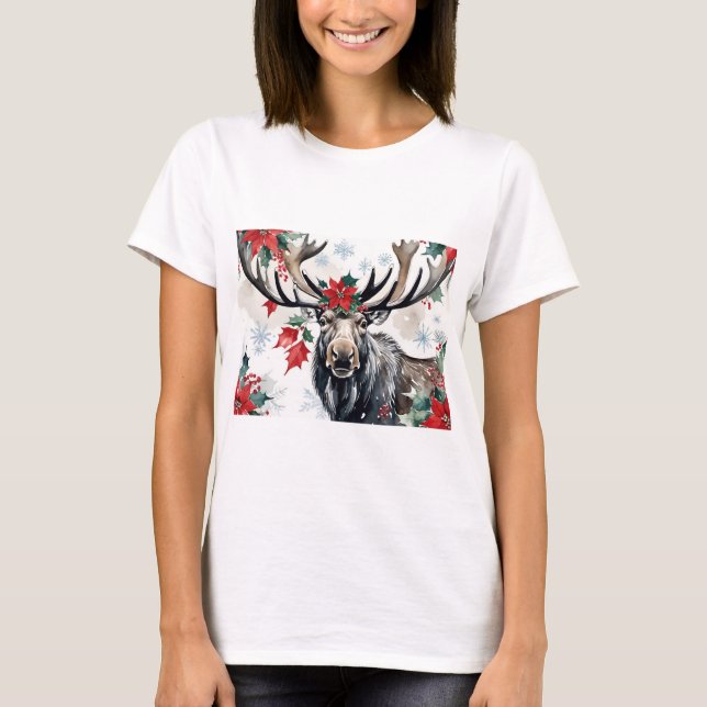 Camiseta Christmas Moose With Big Antlers And Poinsettias (Frente)