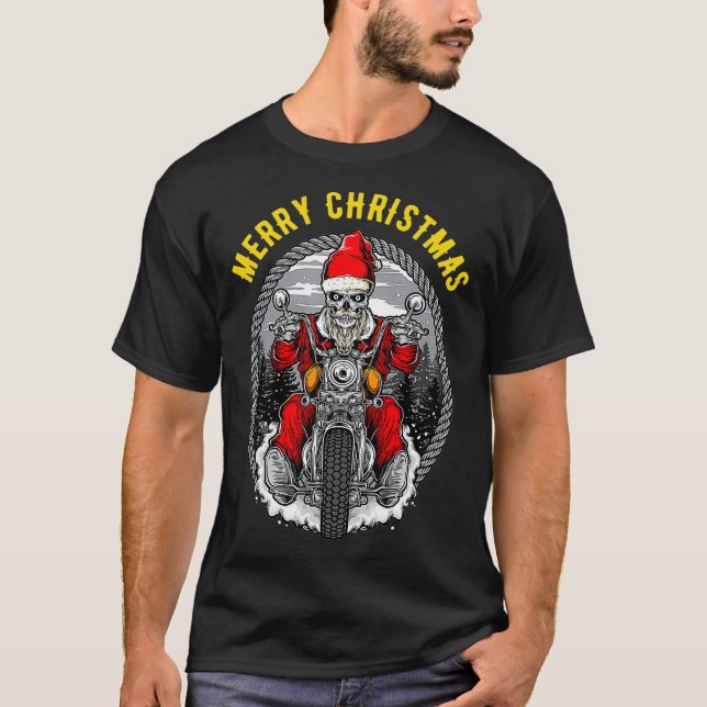 Camiseta Christmas Motorcycle Santa Claus Biker Rider Skull (Frente)
