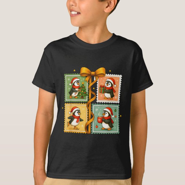 Camiseta Christmas Penguin Stamp Collage  (Frente)