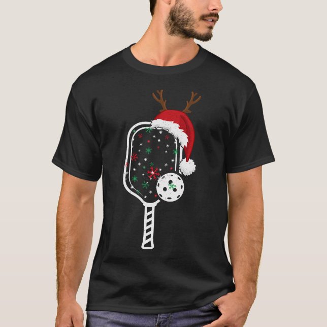 Camiseta Christmas Pickleball Player Reindeer Santa Hat Pad (Frente)