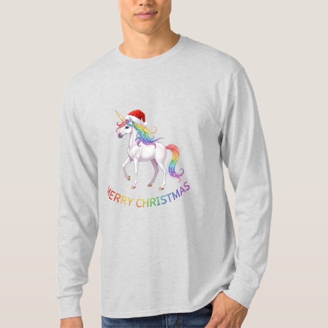 Camiseta Christmas Rainbow Unicorn Santa Hat (Frente)
