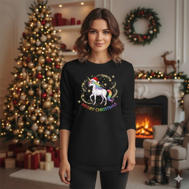 Camiseta Christmas Rainbow Unicorn Santa Hat (Criador carregado)