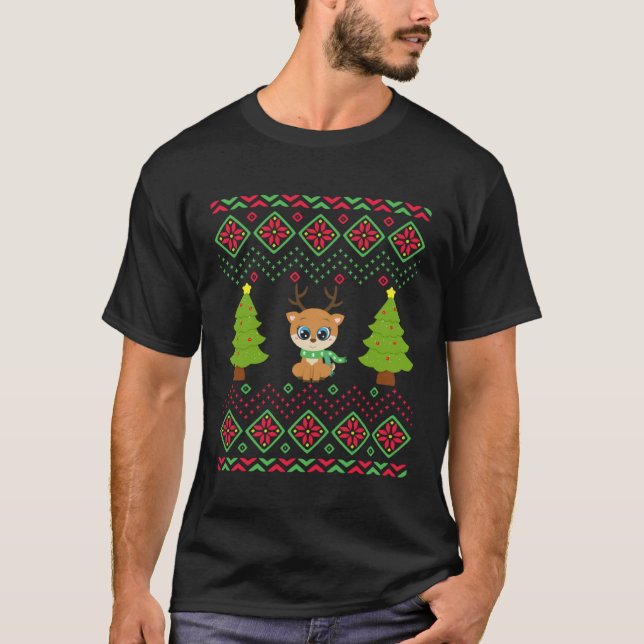 Camiseta Christmas Reindeer Classic Ugly Sweater Teen Girls (Frente)