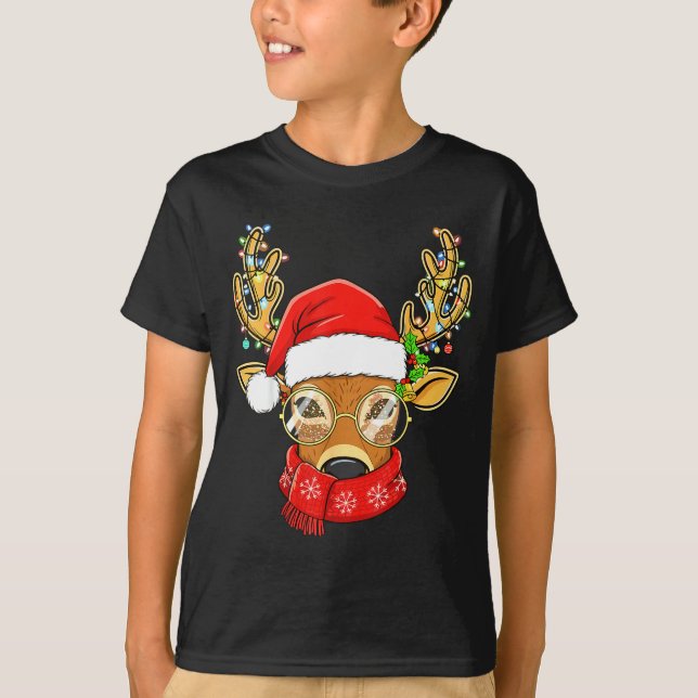 Camiseta Christmas Reindeer Lights Gles Santa Hat Deer Xmas (Frente)