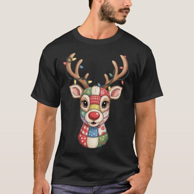 Camiseta Christmas Reindeer Patchwork Men Women Kids Cute R (Frente)