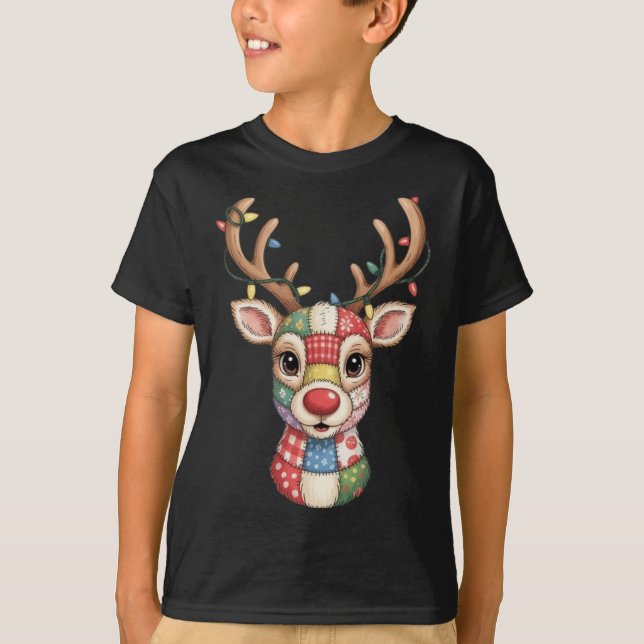 Camiseta Christmas Reindeer Patchwork Men Women Kids Cute R (Frente)