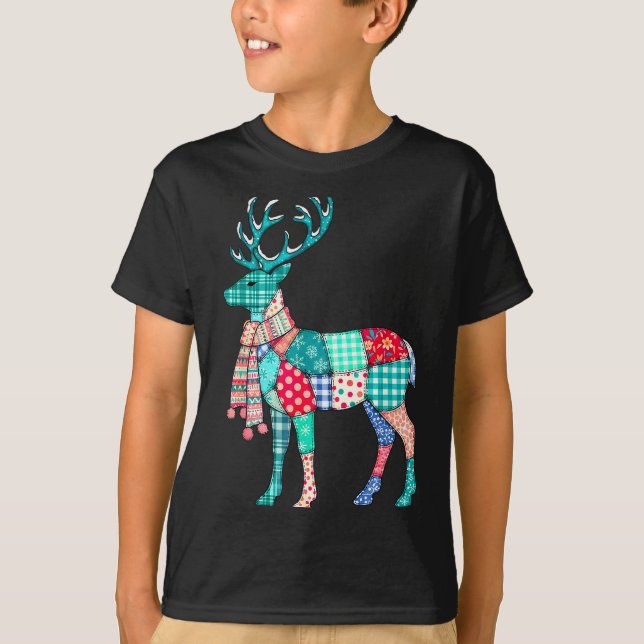 Camiseta Christmas Reindeer Patchwork Reindeer Men Women Ki (Frente)