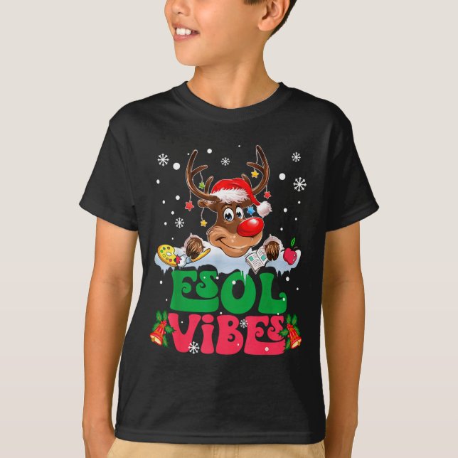 Camiseta Christmas Reindeer Santa Esol Vibes Funny Teacher  (Frente)