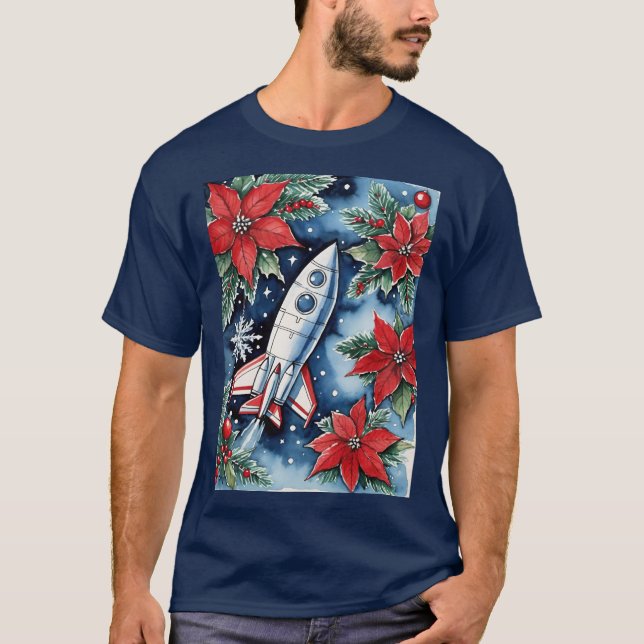 Camiseta Christmas Rocket Launch With Poinsettias At Night (Frente)