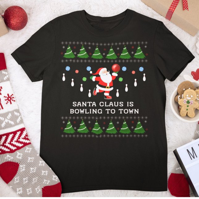 Camiseta Christmas Santa Bowling to Town (Criador carregado)
