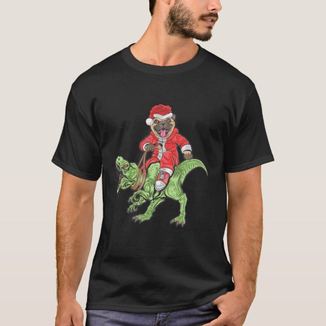 Camiseta Christmas Santa Claus Pug Dog Riding A Dinosaur Tr (Frente)