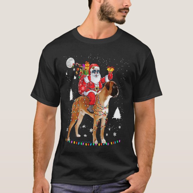 Camiseta Christmas Santa Claus Riding Boxer Dog Lights Xmas (Frente)