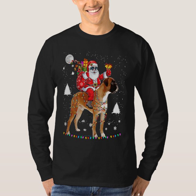 Camiseta Christmas Santa Claus Riding Boxer Dog Lights Xmas (Frente)