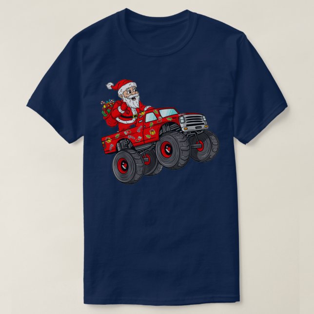 Camiseta Christmas Santa Claus Riding Monster Truck Boys Ki (Frente do Design)