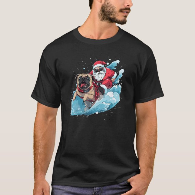 Camiseta Christmas Santa Claus Riding Pug Xmas Boys Men Can (Frente)