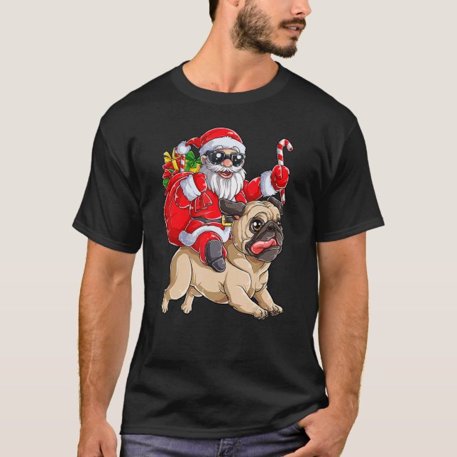 Camiseta Christmas Santa Claus Riding Pug Xmas Boys Men Pug (Frente)
