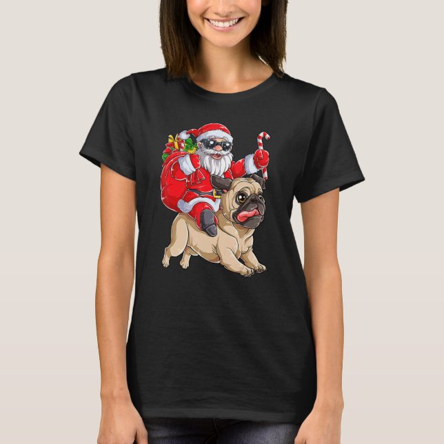 Camiseta Christmas Santa Claus Riding Pug Xmas Boys Men Pug (Frente)