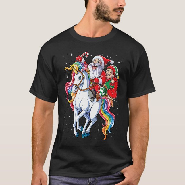 Camiseta Christmas Santa Elf Riding Unicorn Xmas  Girls Wom (Frente)