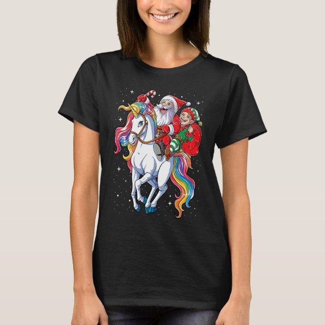Camiseta Christmas Santa Elf Riding Unicorn Xmas  Girls Wom (Frente)