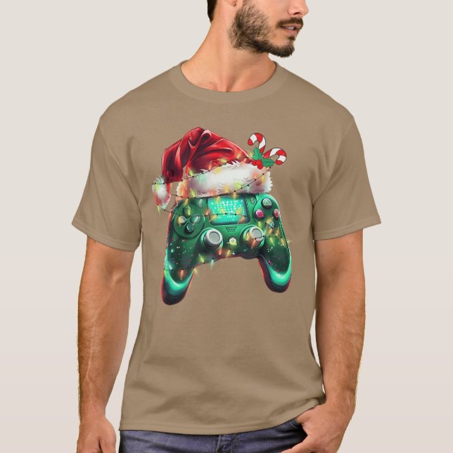 Camiseta Christmas Santa Hat Gamer Controller Video Game Bo (Frente)