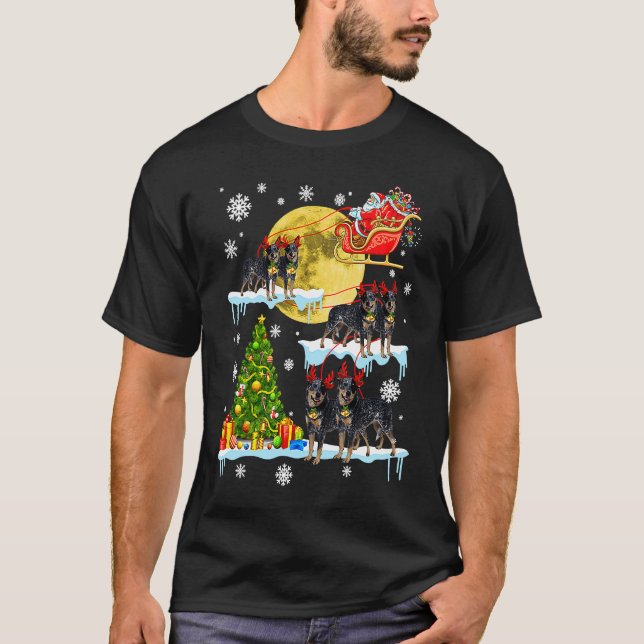 Camiseta Christmas Santa Riding Miniature Pinscher Tree Lig (Frente)