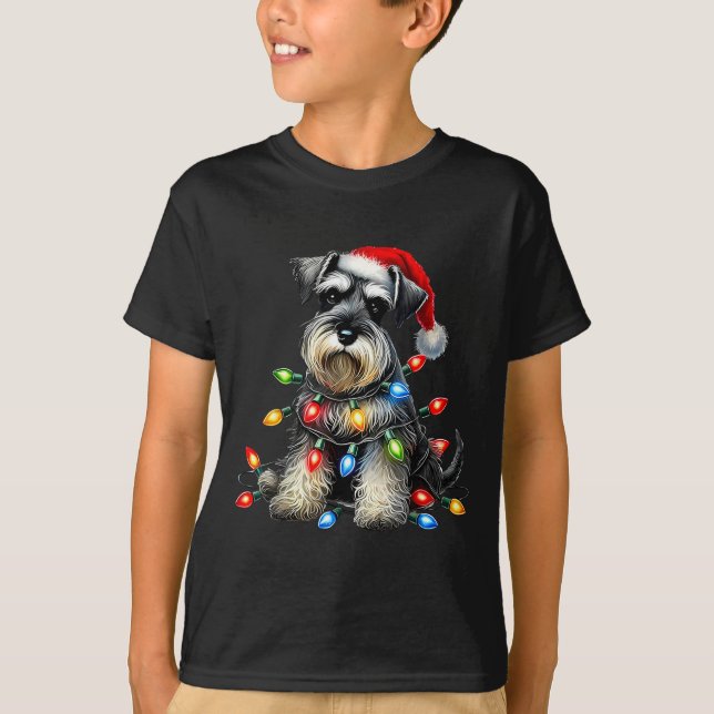 Camiseta Christmas Schnauzer Dog Santa Hat Xmas Light Holid (Frente)
