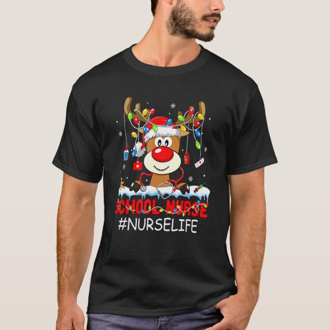 Camiseta Christmas School Nurse Life Reindeer Lights Xmas P (Frente)