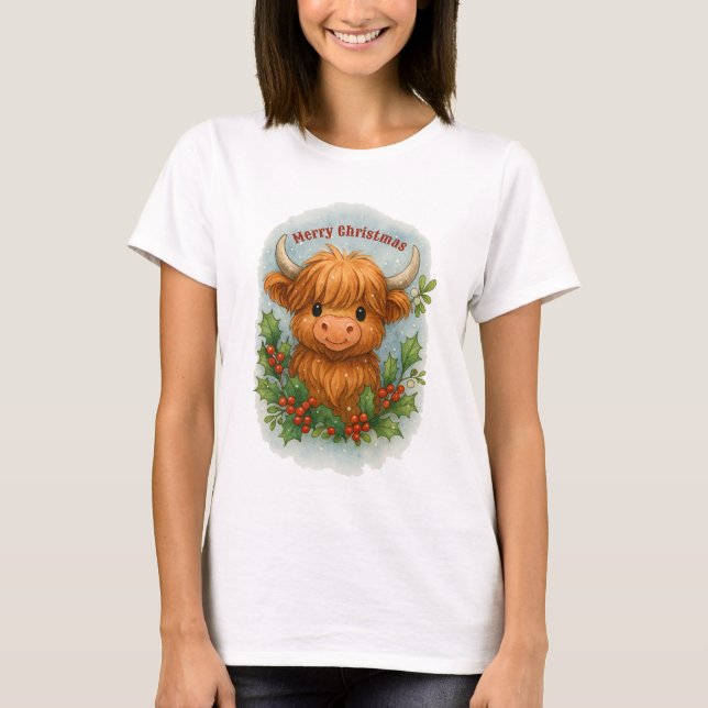 Camiseta Christmas Scottish Highland Cow Holly & Mistletoe (Frente)