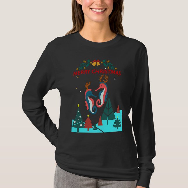 Camiseta Christmas Seahorse Reindeer With Holiday Decorativ (Frente)