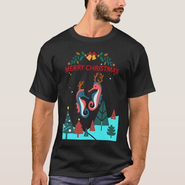 Camiseta Christmas Seahorse Reindeer With Holiday Decorativ (Frente)