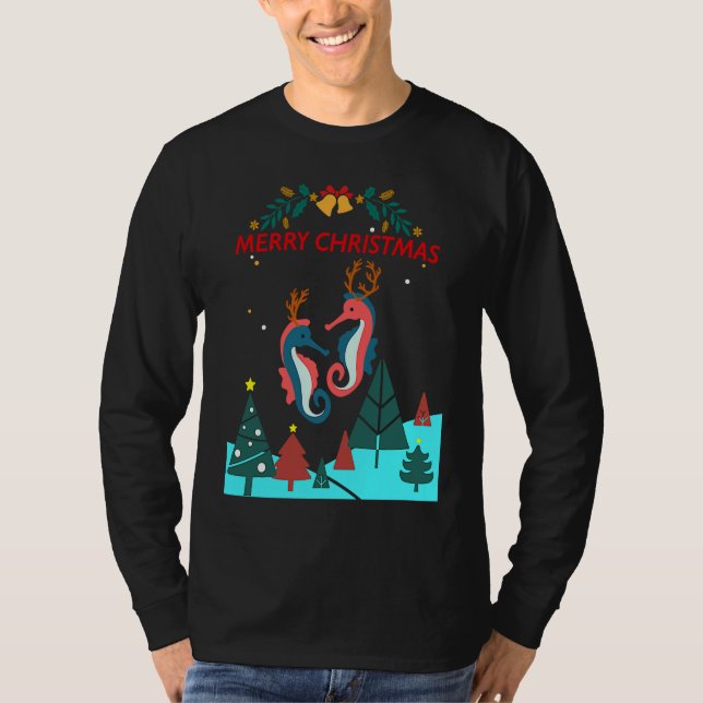 Camiseta Christmas Seahorse Reindeer With Holiday Decorativ (Frente)