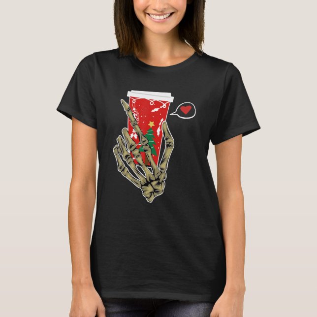 Camiseta Christmas Skeleton Hand Drinking Coffee Latte Paja (Frente)
