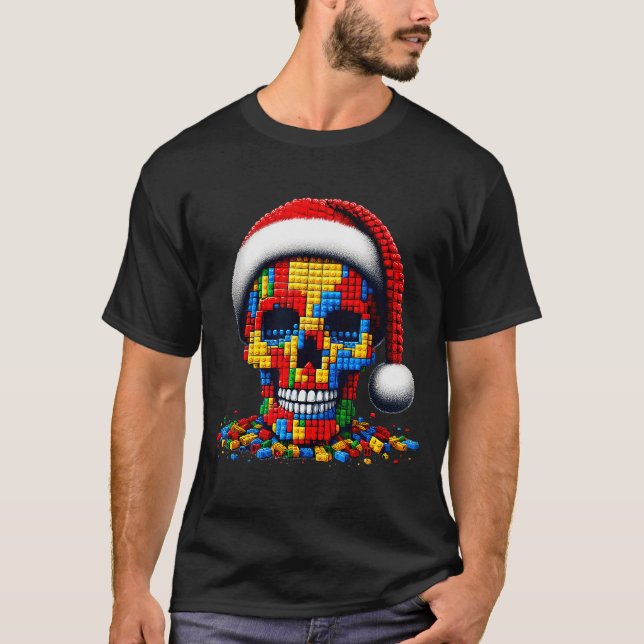 Camiseta Christmas Skull Santa Hat Block Bricks Master Buil (Frente)