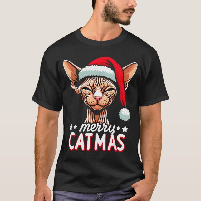 Camiseta Christmas Sphynx Cat Merry Catmas Santa Hat Xmas  (Frente)