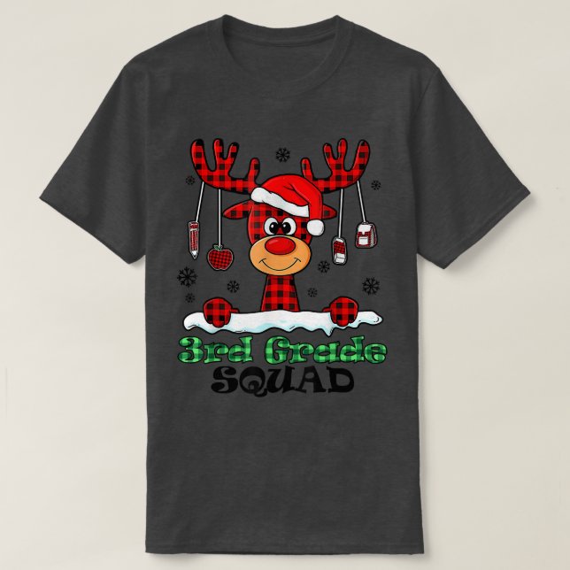 Camiseta Christmas Squad Plaid Reindeer Santa Hat 3rd Grade (Frente do Design)