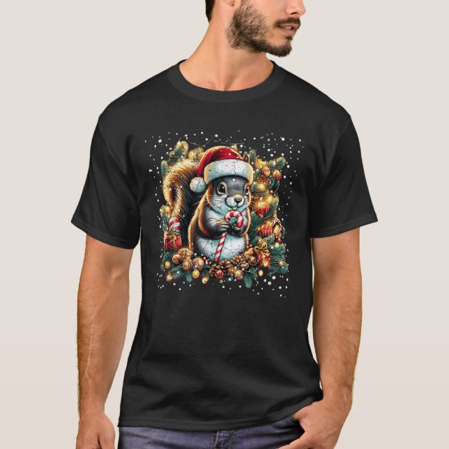 Camiseta Christmas Squirrel Candy Cane Santa Hat Family Xma (Frente)