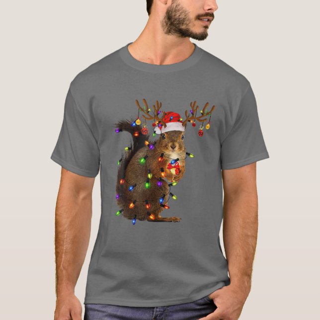 Camiseta Christmas Squirrel Lights Squirrel Reindeer Funny (Frente)