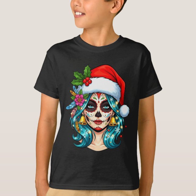 Camiseta Christmas Sugar Skull Art Woman Santa Hat Festive  (Frente)