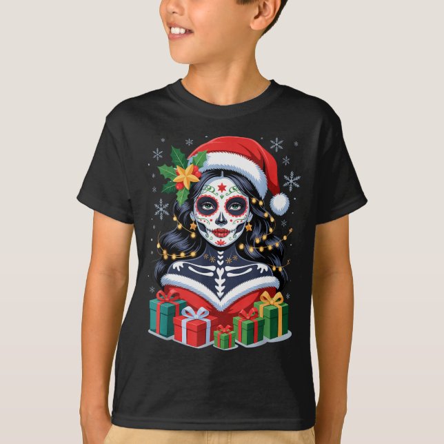 Camiseta Christmas Sugar Skull Art Woman Santa Hat Festive  (Frente)